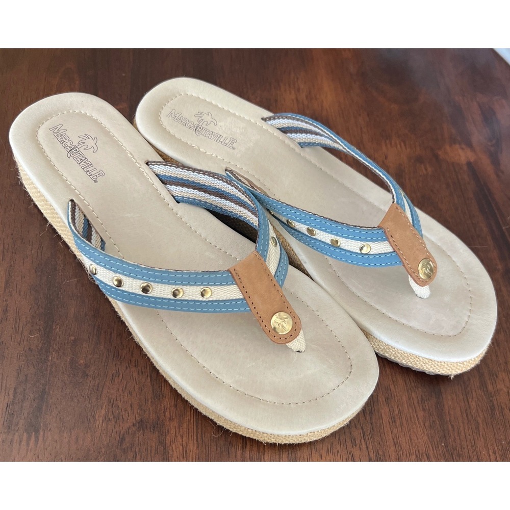 Margaritaville Kaia Women 9 Leather Studded Platform Flip Flop Sandals Blue Tan